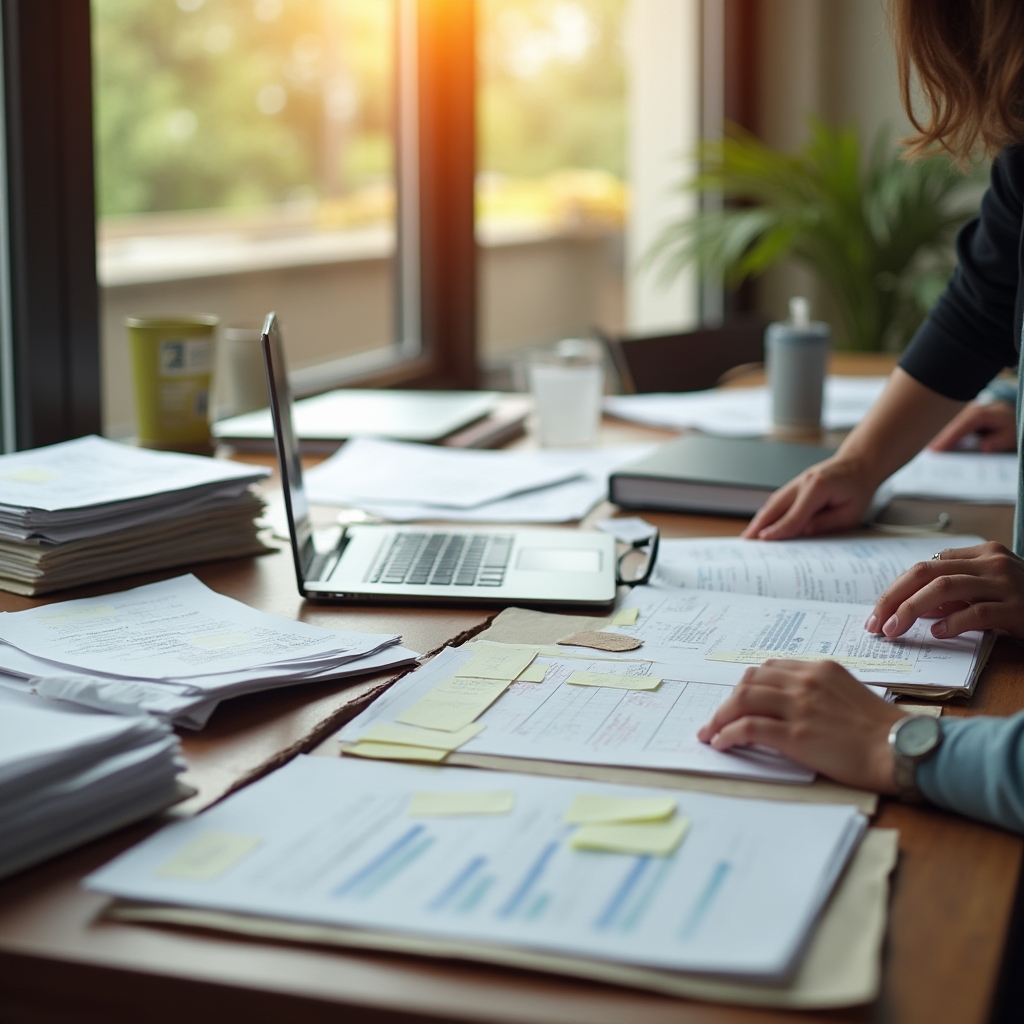 Organized office desk with a laptop showing a clean structured spreadsheet next to scattered paper notes