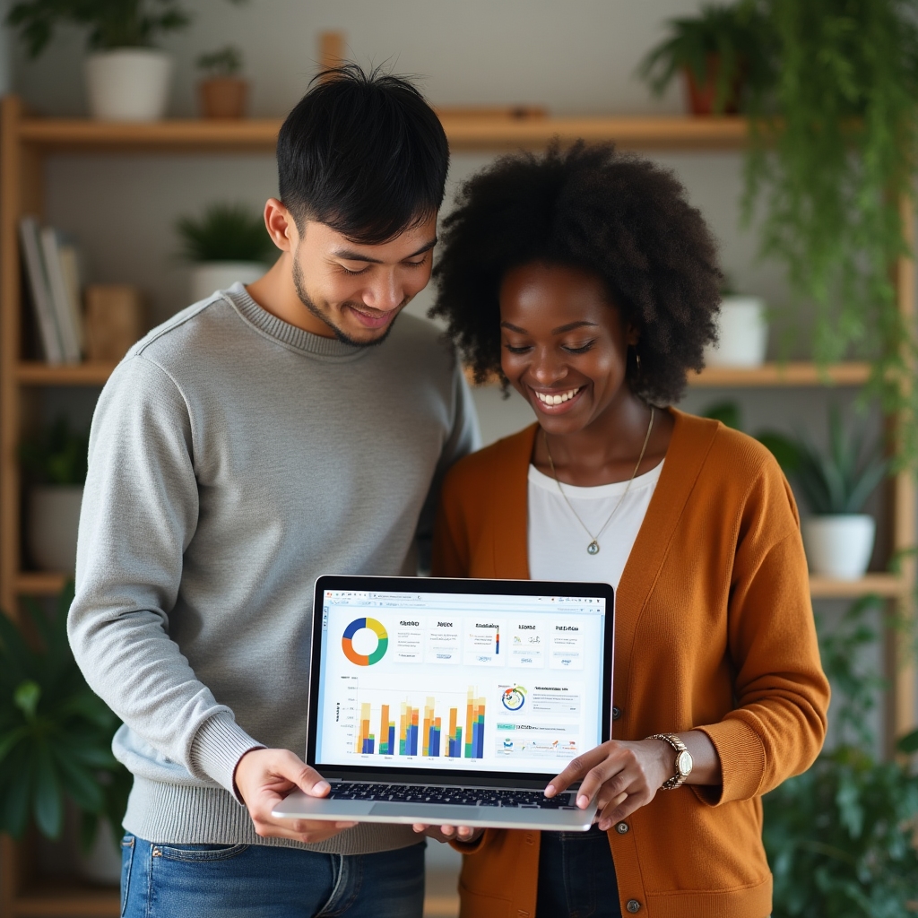 Two colleagues reviewing a reporting dashboard together on a laptop screen
