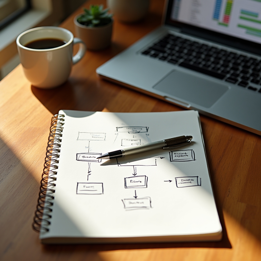 Notebook with a curriculum outline sketch alongside a laptop showing a spreadsheet template